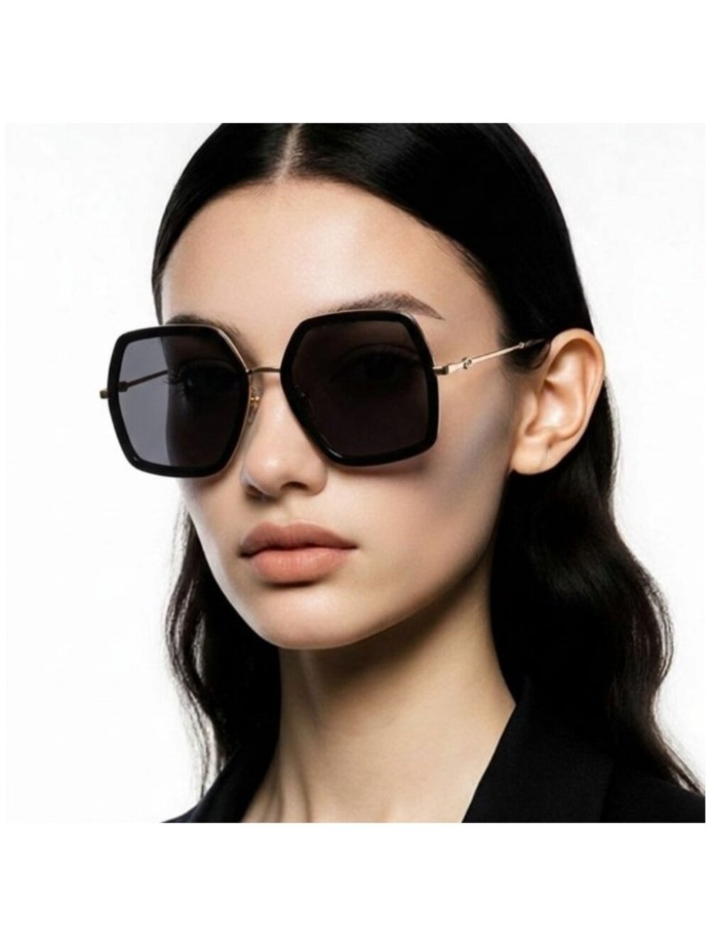 Gucci GG0106S iconic 001 Black Hexagonal Oversized Sunglasses New